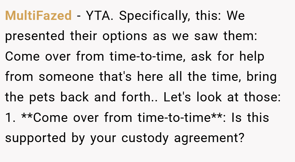 MultiFazed − YTA. Specifically, this: We presented their options as we saw them: Come over from time-to-time, ask for help from someone that's here all the time, bring the pets back and forth.. Let's look at those: 1. **Come over from time-to-time**: Is this supported by your custody agreement?