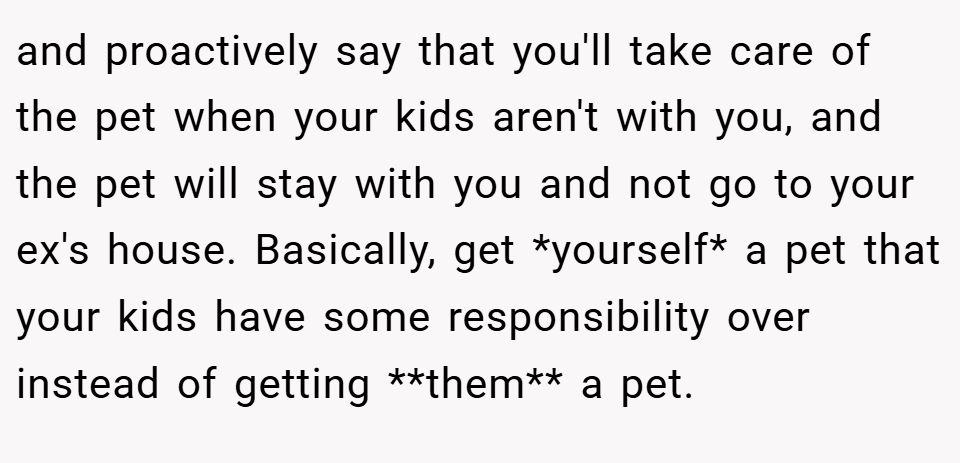 and proactively say that you'll take care of the pet when your kids aren't with you, and the pet will stay with you and not go to your ex's house. Basically, get *yourself* a pet that your kids have some responsibility over instead of getting **them** a pet.
