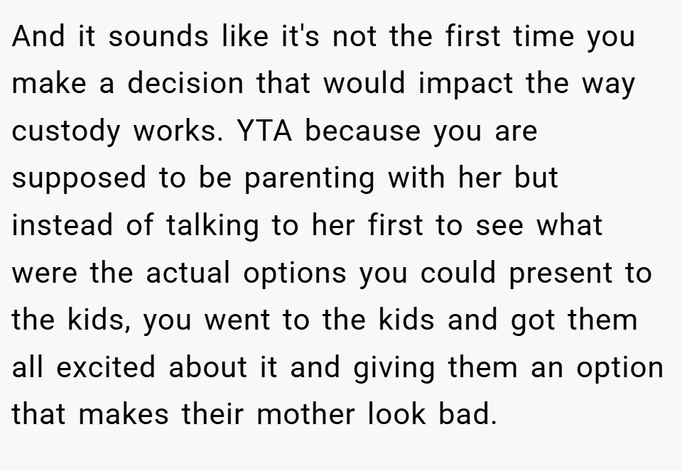 And it sounds like it's not the first time you make a decision that would impact the way custody works. YTA because you are supposed to be parenting with her but instead of talking to her first to see what were the actual options you could present to the kids, you went to the kids and got them all excited about it and giving them an option that makes their mother look bad.