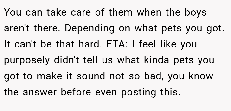 You can take care of them when the boys aren't there. Depending on what pets you got. It can't be that hard. ETA: I feel like you purposely didn't tell us what kinda pets you got to make it sound not so bad, you know the answer before even posting this.