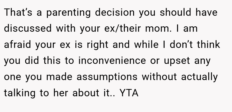 That’s a parenting decision you should have discussed with your ex/their mom. I am afraid your ex is right and while I don’t think you did this to inconvenience or upset any one you made assumptions without actually talking to her about it.. YTA