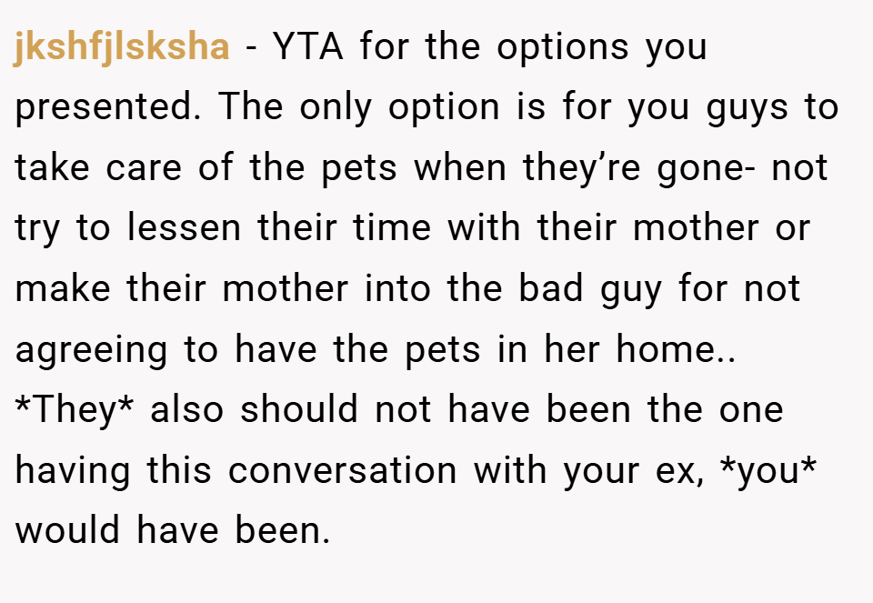 jkshfjlsksha − YTA for the options you presented. The only option is for you guys to take care of the pets when they’re gone- not try to lessen their time with their mother or make their mother into the bad guy for not agreeing to have the pets in her home.. *They* also should not have been the one having this conversation with your ex, *you* would have been.