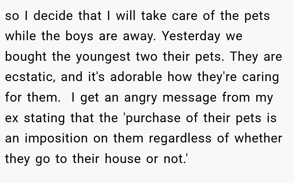 so I decide that I will take care of the pets while the boys are away. Yesterday we bought the youngest two their pets. They are ecstatic, and it's adorable how they're caring for them.  I get an angry message from my ex stating that the 'purchase of their pets is an imposition on them regardless of whether they go to their house or not.'
