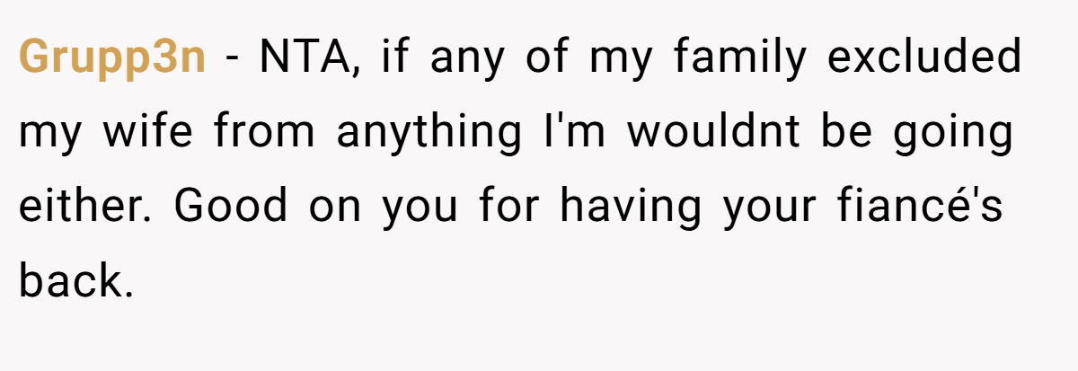 Grupp3n − NTA, if any of my family excluded my wife from anything I'm wouldnt be going either. Good on you for having your fiancé's back.