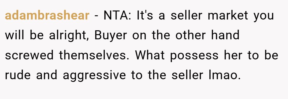 adambrashear − NTA: It's a seller market you will be alright, Buyer on the other hand screwed themselves. What possess her to be rude and aggressive to the seller lmao.