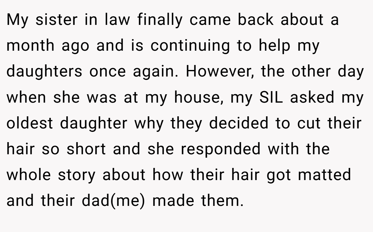 My sister in law finally came back about a month ago and is continuing to help my daughters once again. However, the other day when she was at my house, my SIL asked my oldest daughter why they decided to cut their hair so short and she responded with the whole story about how their hair got matted and their dad(me) made them.