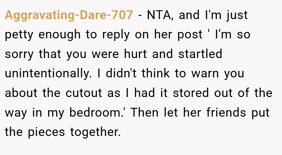 Aggravating-Dare-707 − NTA, and I'm just petty enough to reply on her post ' I'm so sorry that you were hurt and startled unintentionally. I didn't think to warn you about the cutout as I had it stored out of the way in my bedroom.' Then let her friends put the pieces together.