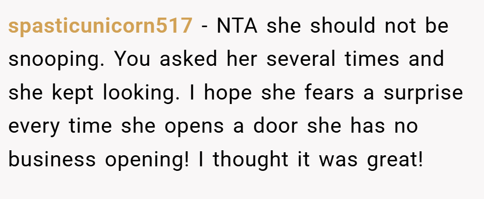 spasticunicorn517 − NTA she should not be snooping. You asked her several times and she kept looking. I hope she fears a surprise every time she opens a door she has no business opening! I thought it was great!