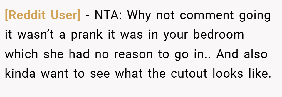 [Reddit User] − NTA: Why not comment going it wasn’t a prank it was in your bedroom which she had no reason to go in.. And also kinda want to see what the cutout looks like.