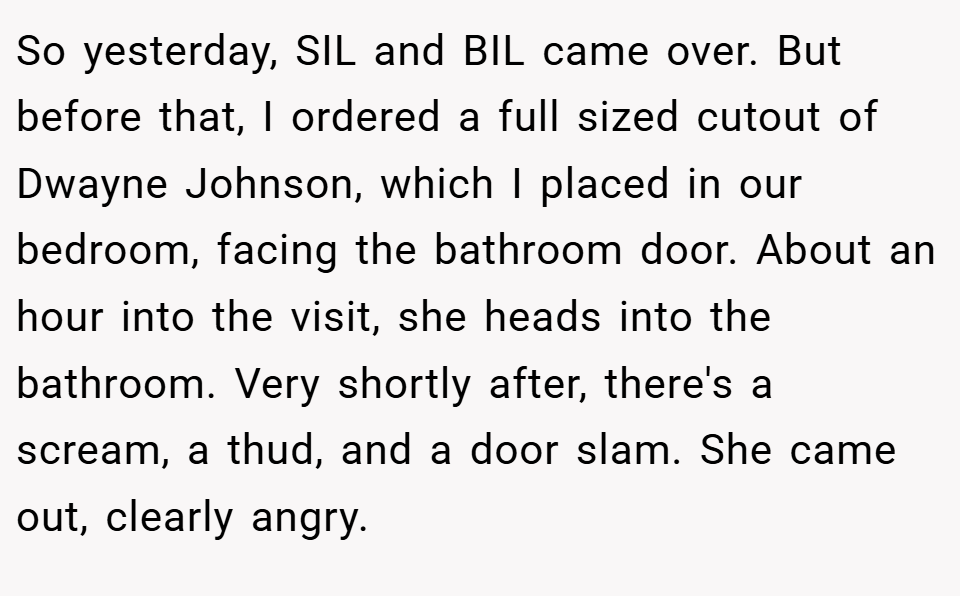 So yesterday, SIL and BIL came over. But before that, I ordered a full sized cutout of Dwayne Johnson, which I placed in our bedroom, facing the bathroom door. About an hour into the visit, she heads into the bathroom. Very shortly after, there's a scream, a thud, and a door slam. She came out, clearly angry.