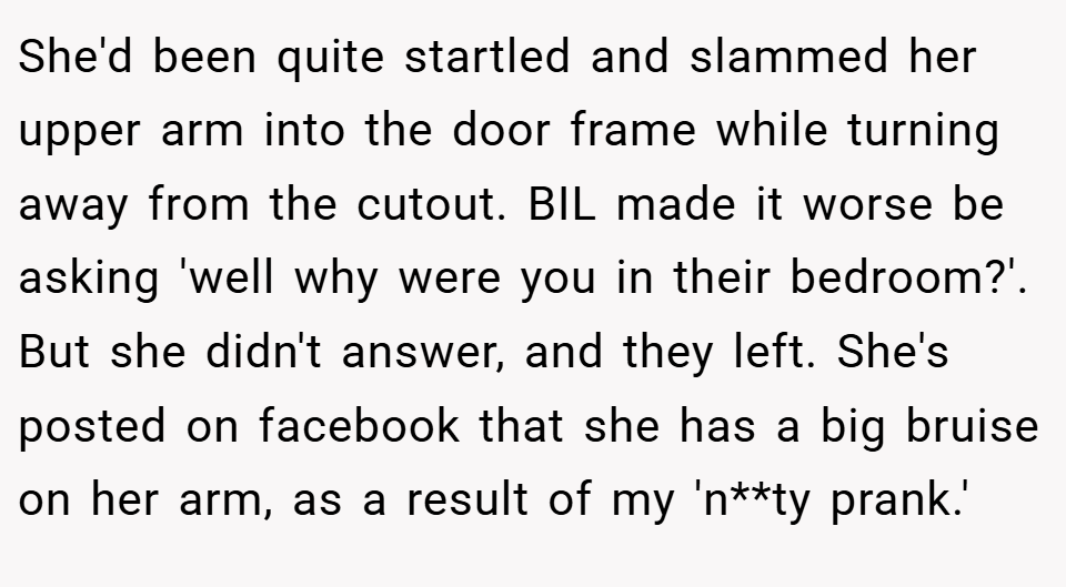 She'd been quite startled and slammed her upper arm into the door frame while turning away from the cutout. BIL made it worse be asking 'well why were you in their bedroom?'. But she didn't answer, and they left. She's posted on facebook that she has a big bruise on her arm, as a result of my 'n**ty prank.'