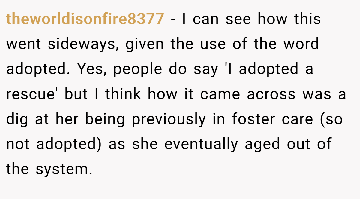 theworldisonfire8377 − I can see how this went sideways, given the use of the word adopted. Yes, people do say 'I adopted a rescue' but I think how it came across was a dig at her being previously in foster care (so not adopted) as she eventually aged out of the system.
