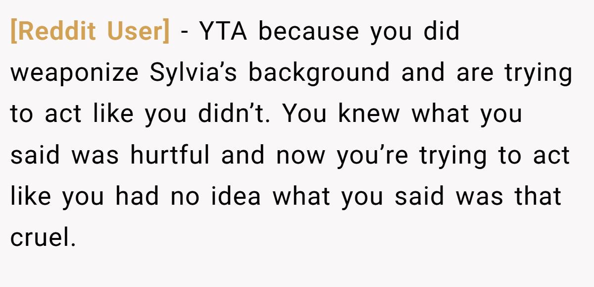 [Reddit User] − YTA because you did weaponize Sylvia’s background and are trying to act like you didn’t. You knew what you said was hurtful and now you’re trying to act like you had no idea what you said was that cruel.