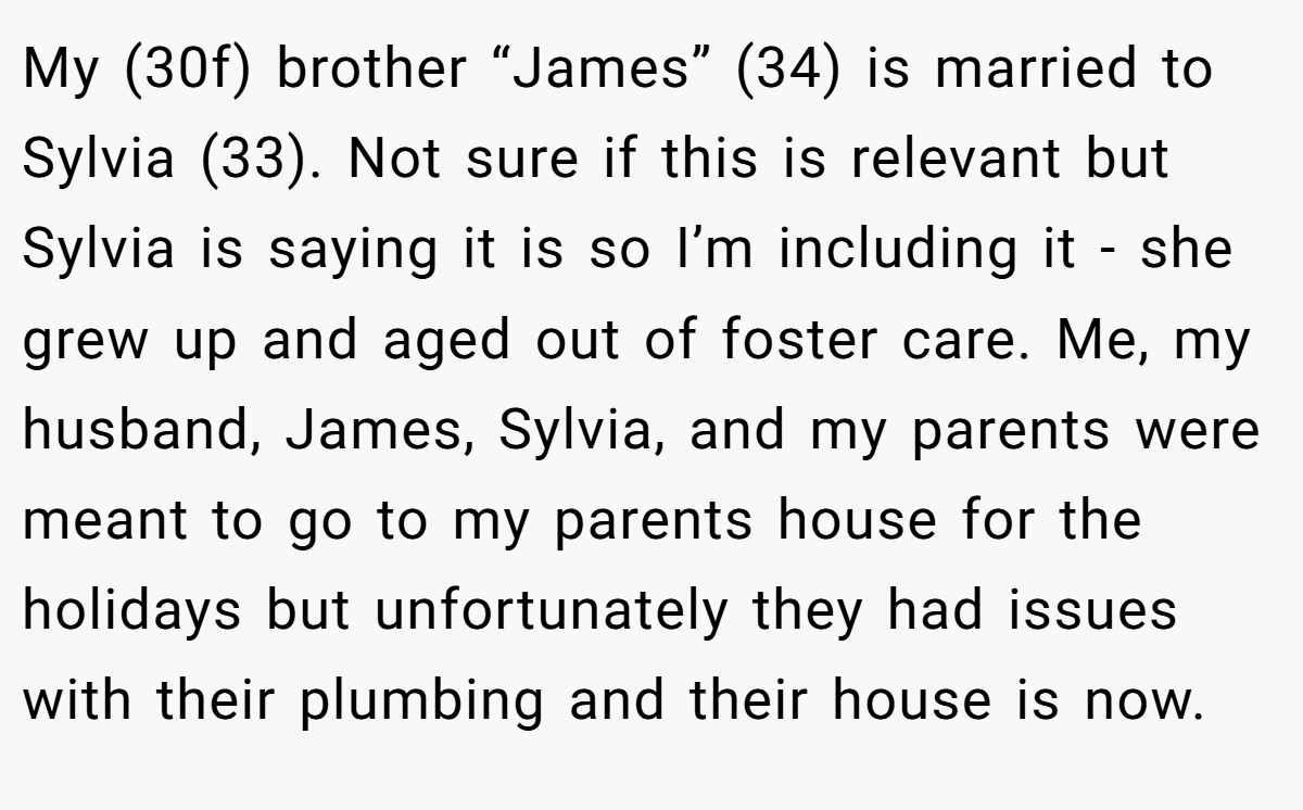 My (30f) brother “James” (34) is married to Sylvia (33). Not sure if this is relevant but Sylvia is saying it is so I’m including it - she grew up and aged out of foster care. Me, my husband, James, Sylvia, and my parents were meant to go to my parents house for the holidays but unfortunately they had issues with their plumbing and their house is now.