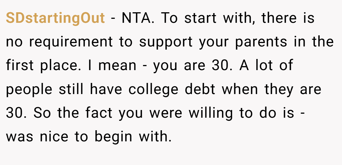 SDstartingOut − NTA. To start with, there is no requirement to support your parents in the first place. I mean - you are 30. A lot of people still have college debt when they are 30. So the fact you were willing to do is - was nice to begin with.