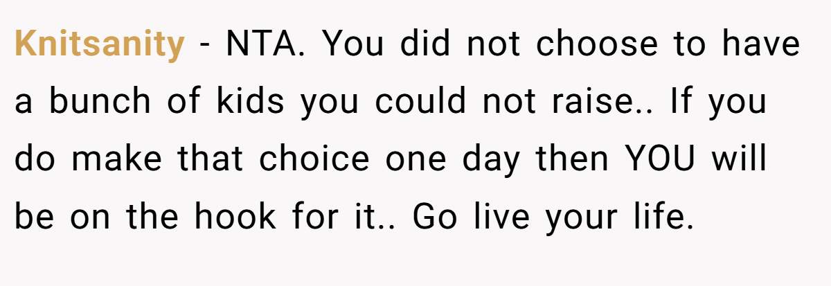 Knitsanity − NTA. You did not choose to have a bunch of kids you could not raise.. If you do make that choice one day then YOU will be on the hook for it.. Go live your life.