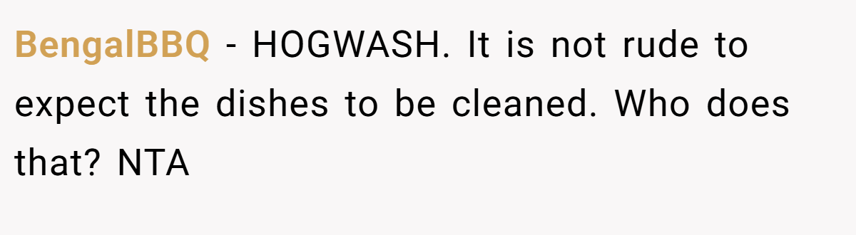 BengalBBQ − HOGWASH. It is not rude to expect the dishes to be cleaned. Who does that? NTA