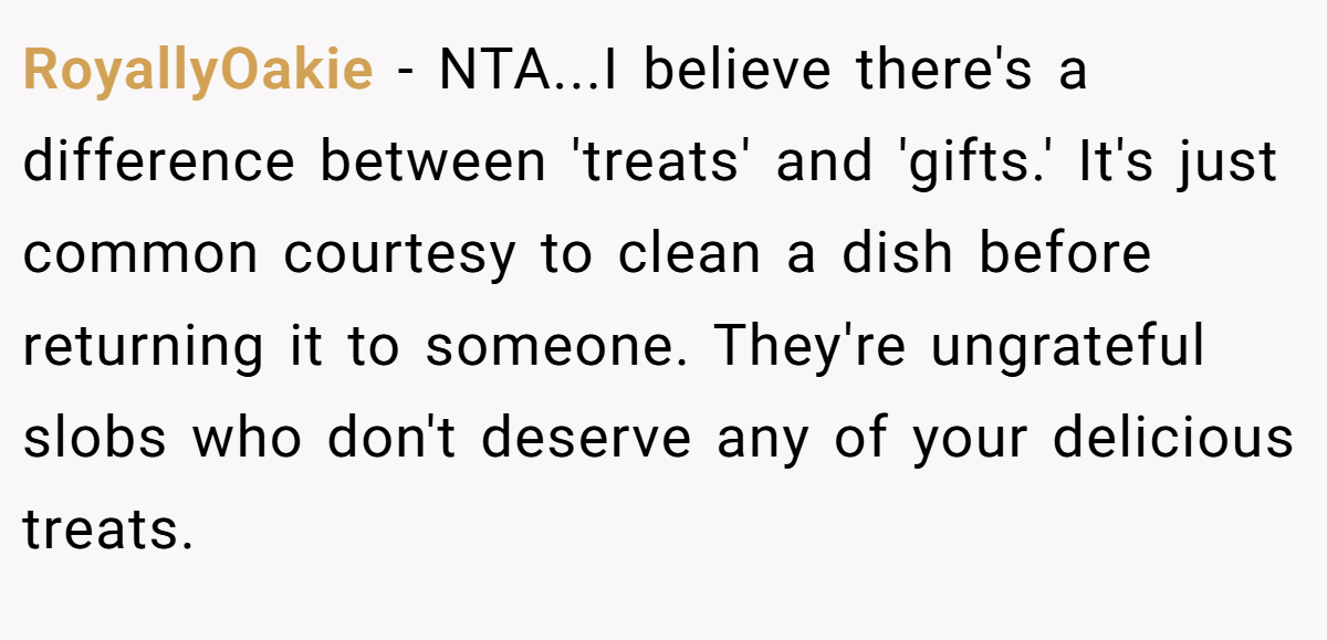 RoyallyOakie − NTA...I believe there's a difference between 'treats' and 'gifts.' It's just common courtesy to clean a dish before returning it to someone. They're ungrateful slobs who don't deserve any of your delicious treats.