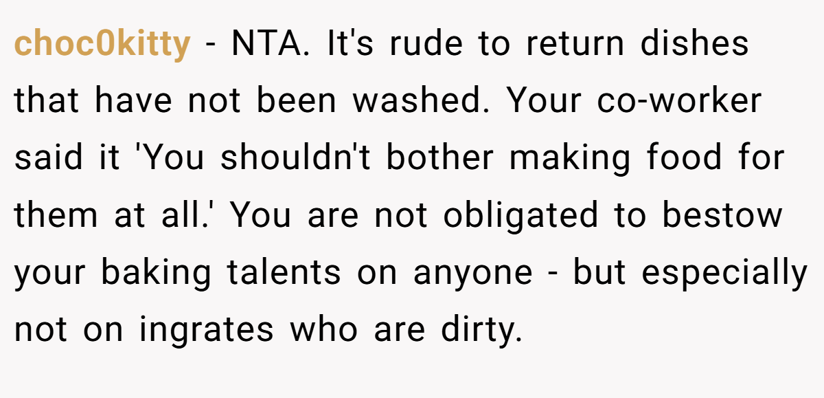 choc0kitty − NTA. It's rude to return dishes that have not been washed. Your co-worker said it 'You shouldn't bother making food for them at all.' You are not obligated to bestow your baking talents on anyone - but especially not on ingrates who are dirty.