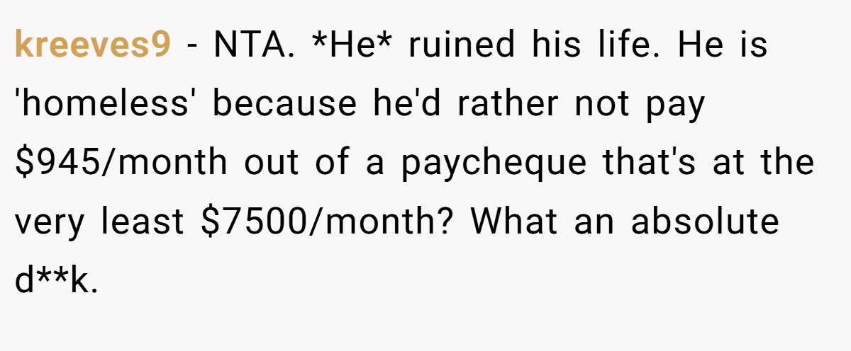kreeves9 − NTA. *He* ruined his life. He is 'homeless' because he'd rather not pay $945/month out of a paycheque that's at the very least $7500/month? What an absolute d**k.
