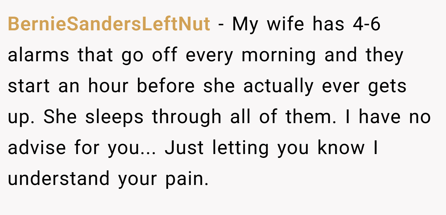 BernieSandersLeftNut − My wife has 4-6 alarms that go off every morning and they start an hour before she actually ever gets up. She sleeps through all of them. I have no advise for you... Just letting you know I understand your pain.