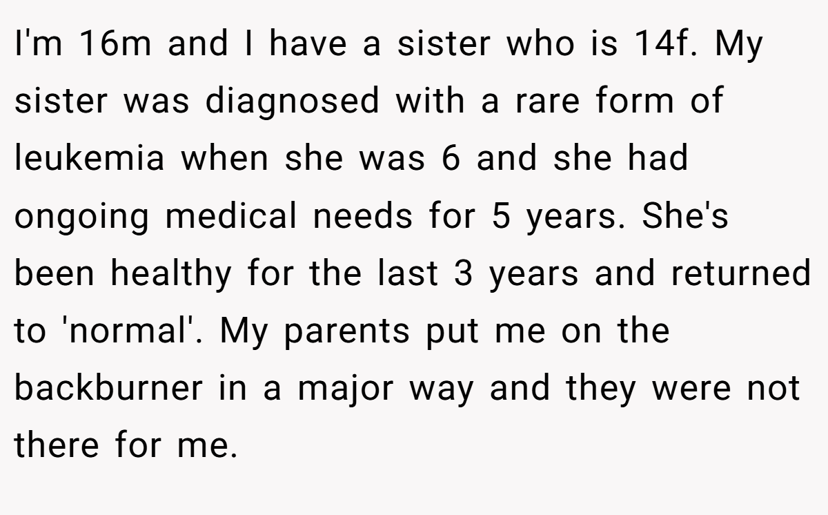 I'm 16m and I have a sister who is 14f. My sister was diagnosed with a rare form of leukemia when she was 6 and she had ongoing medical needs for 5 years. She's been healthy for the last 3 years and returned to 'normal'. My parents put me on the backburner in a major way and they were not there for me.