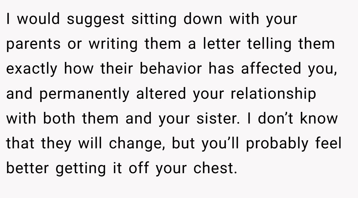 I would suggest sitting down with your parents or writing them a letter telling them exactly how their behavior has affected you, and permanently altered your relationship with both them and your sister. I don’t know that they will change, but you’ll probably feel better getting it off your chest.