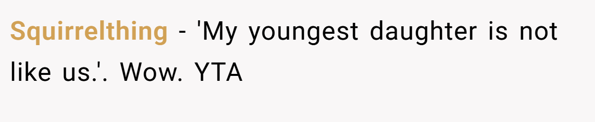 Squirrelthing − 'My youngest daughter is not like us.'. Wow. YTA