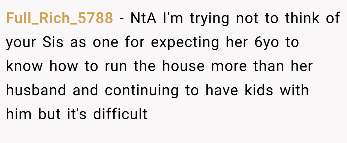Full_Rich_5788 − NtA I'm trying not to think of your Sis as one for expecting her 6yo to know how to run the house more than her husband and continuing to have kids with him but it's difficult