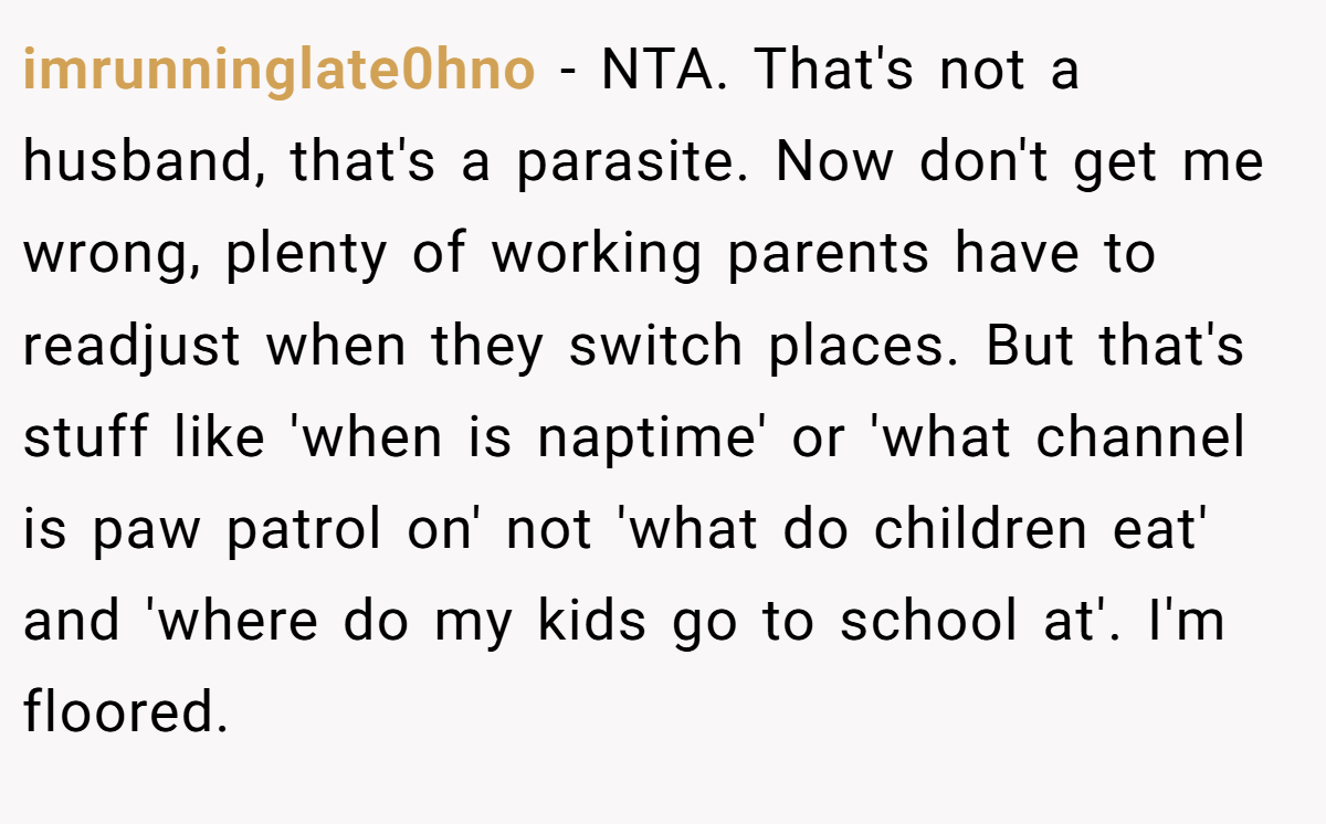 imrunninglate0hno − NTA. That's not a husband, that's a parasite. Now don't get me wrong, plenty of working parents have to readjust when they switch places. But that's stuff like 'when is naptime' or 'what channel is paw patrol on' not 'what do children eat' and 'where do my kids go to school at'. I'm floored.