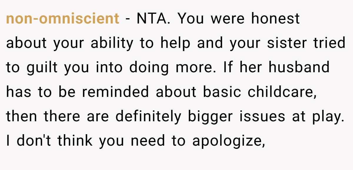 non-omniscient − NTA. You were honest about your ability to help and your sister tried to guilt you into doing more. If her husband has to be reminded about basic childcare, then there are definitely bigger issues at play. I don't think you need to apologize,