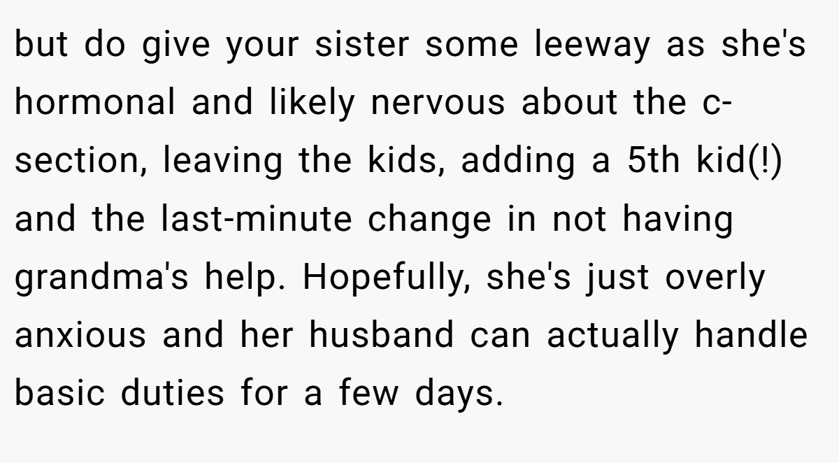 but do give your sister some leeway as she's hormonal and likely nervous about the c-section, leaving the kids, adding a 5th kid(!) and the last-minute change in not having grandma's help. Hopefully, she's just overly anxious and her husband can actually handle basic duties for a few days.