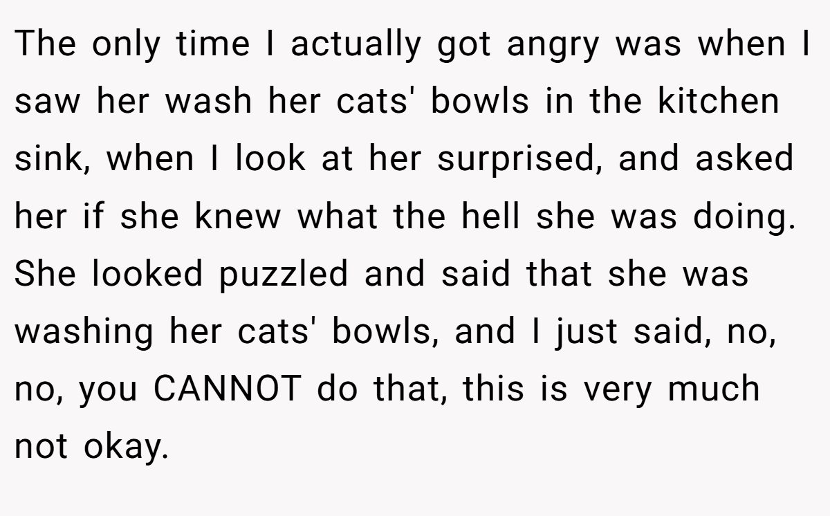 The only time I actually got angry was when I saw her wash her cats' bowls in the kitchen sink, when I look at her surprised, and asked her if she knew what the hell she was doing. She looked puzzled and said that she was washing her cats' bowls, and I just said, no, no, you CANNOT do that, this is very much not okay.