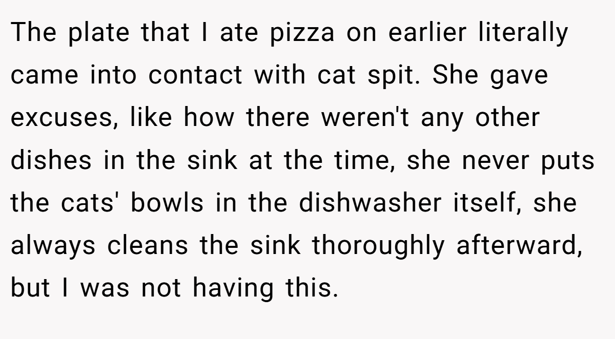 The plate that I ate pizza on earlier literally came into contact with cat spit. She gave excuses, like how there weren't any other dishes in the sink at the time, she never puts the cats' bowls in the dishwasher itself, she always cleans the sink thoroughly afterward, but I was not having this.