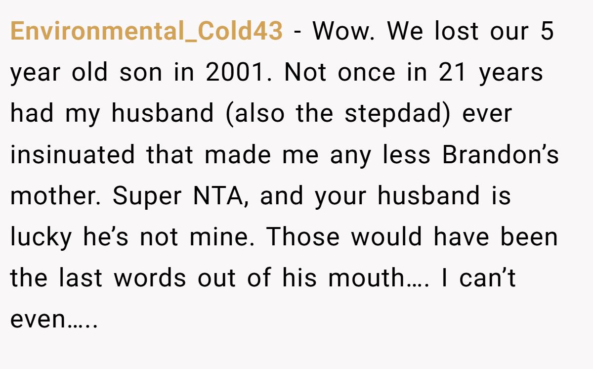 Environmental_Cold43 − Wow. We lost our 5 year old son in 2001. Not once in 21 years had my husband (also the stepdad) ever insinuated that made me any less Brandon’s mother. Super NTA, and your husband is lucky he’s not mine. Those would have been the last words out of his mouth…. I can’t even…..