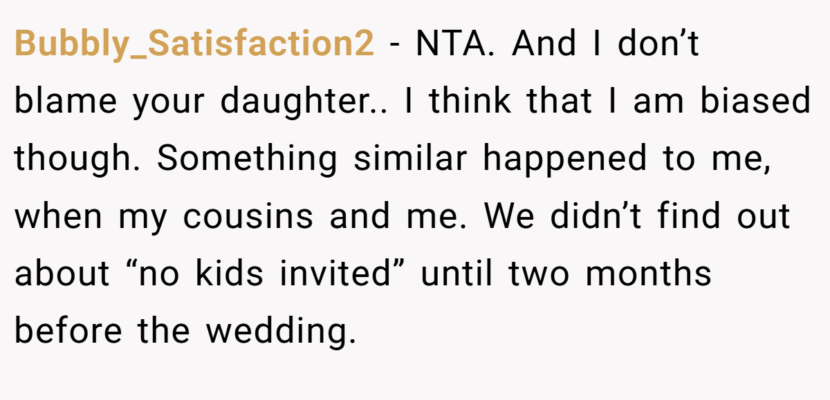 Bubbly_Satisfaction2 − NTA. And I don’t blame your daughter.. I think that I am biased though. Something similar happened to me, when my cousins and me. We didn’t find out about “no kids invited” until two months before the wedding.