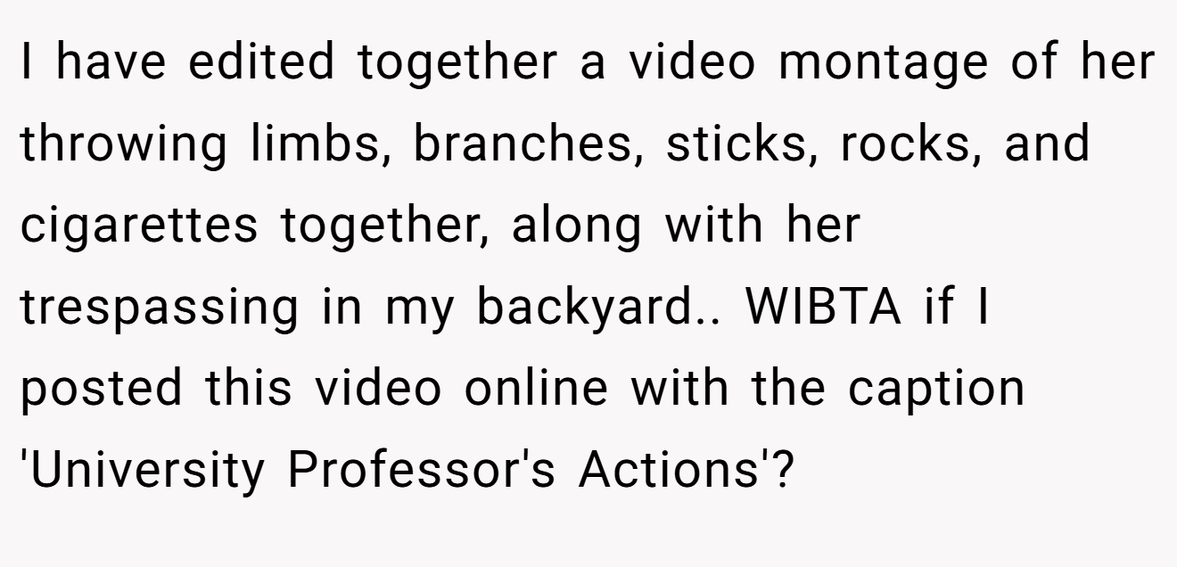 I have edited together a video montage of her throwing limbs, branches, sticks, rocks, and cigarettes together, along with her trespassing in my backyard.. WIBTA if I posted this video online with the caption 'University Professor's Actions'?