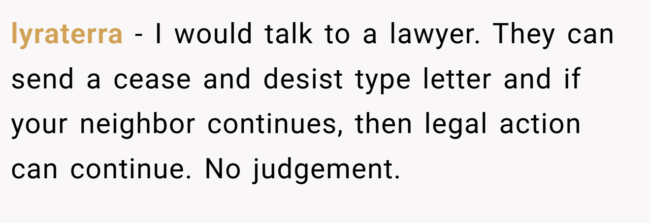 lyraterra - I would talk to a lawyer. They can send a cease and desist type letter and if your neighbor continues, then legal action can continue. No judgement.