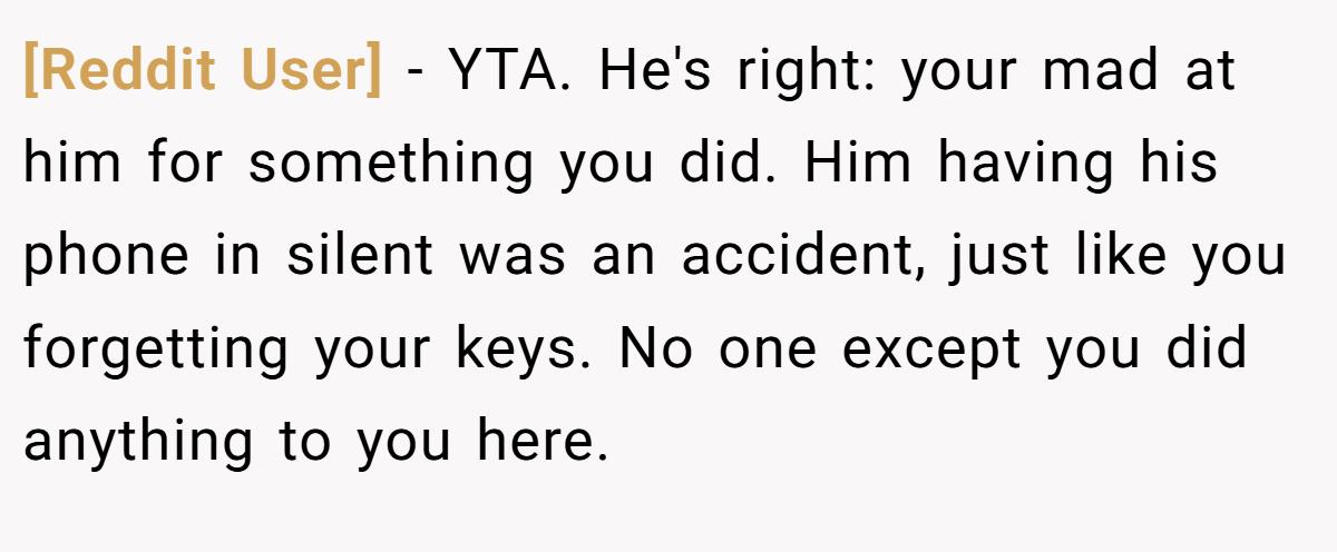 [Reddit User] - YTA. He's right: your mad at him for something you did. Him having his phone in silent was an accident, just like you forgetting your keys. No one except you did anything to you here.