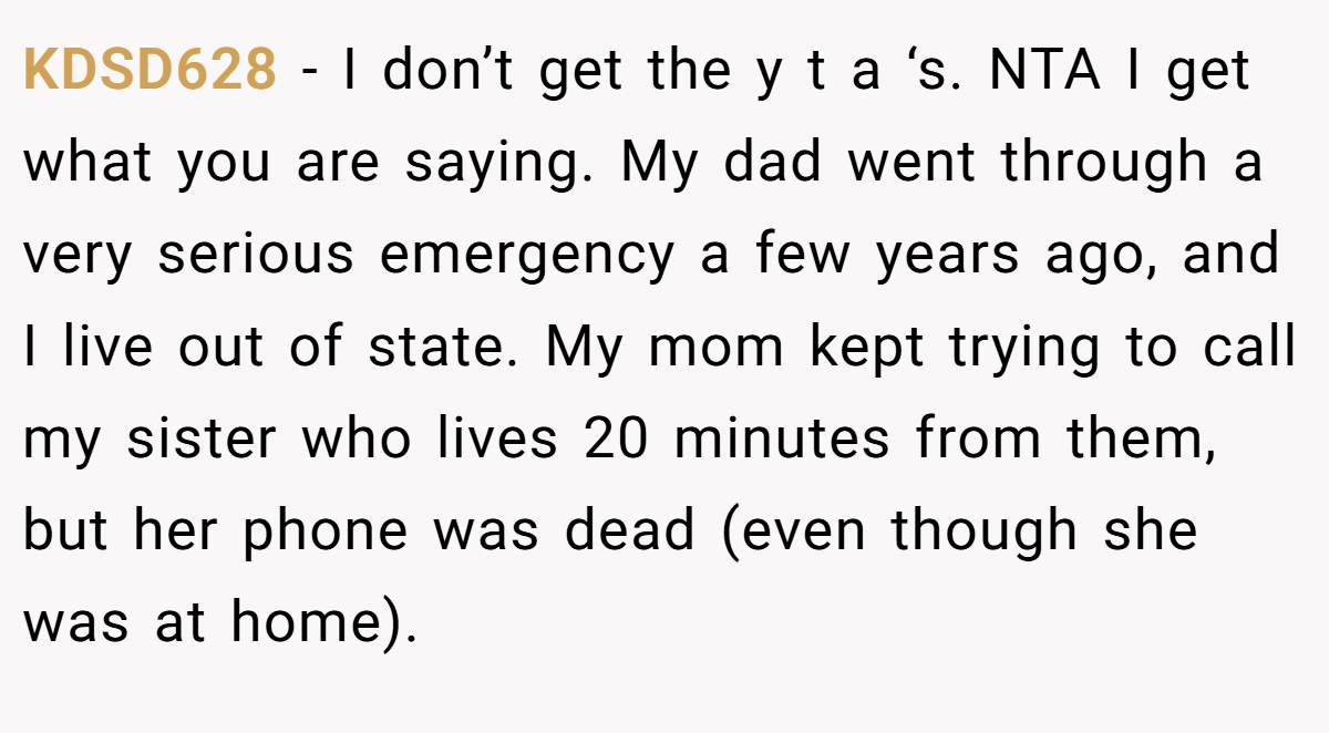 KDSD628 - I don’t get the y t a ‘s. NTA I get what you are saying. My dad went through a very serious emergency a few years ago, and I live out of state. My mom kept trying to call my sister who lives 20 minutes from them, but her phone was dead (even though she was at home).