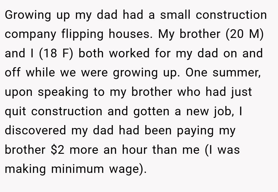 Growing up my dad had a small construction company flipping houses. My brother (20 M) and I (18 F) both worked for my dad on and off while we were growing up. One summer, upon speaking to my brother who had just quit construction and gotten a new job, I discovered my dad had been paying my brother $2 more an hour than me (I was making minimum wage).