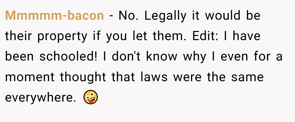 Mmmmm-bacon − No. Legally it would be their property if you let them. Edit: I have been schooled! I don't know why I even for a moment thought that laws were the same everywhere. 🤪