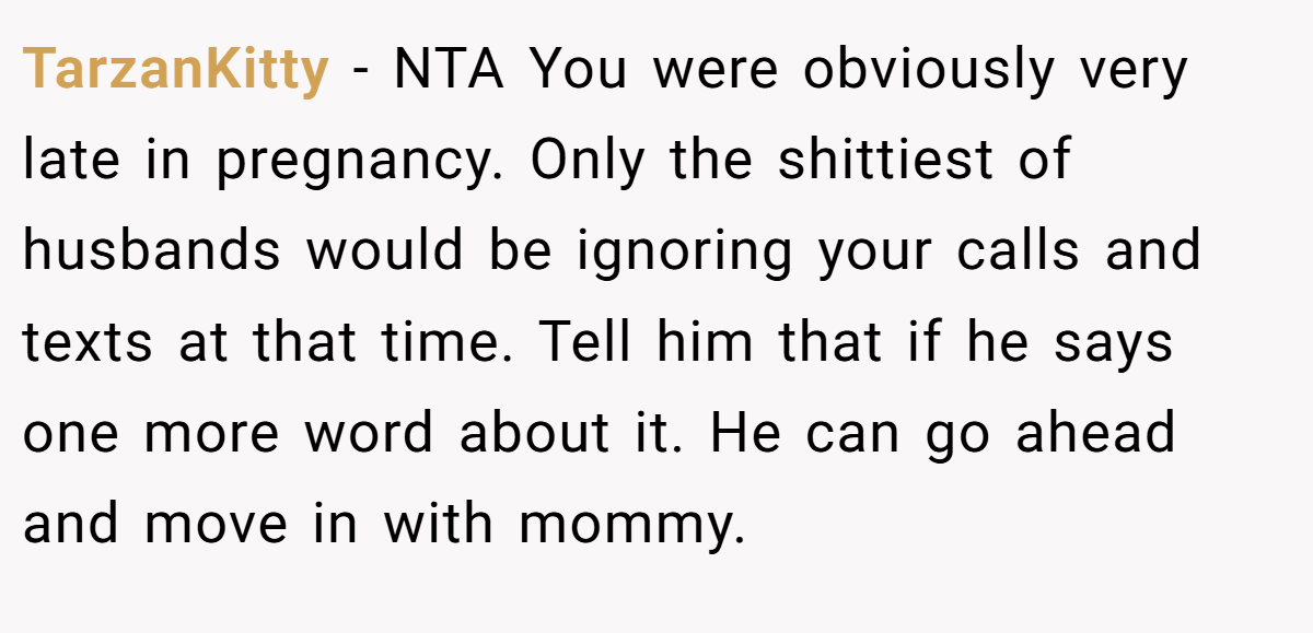 TarzanKitty - NTA You were obviously very late in pregnancy. Only the shittiest of husbands would be ignoring your calls and texts at that time. Tell him that if he says one more word about it. He can go ahead and move in with mommy.