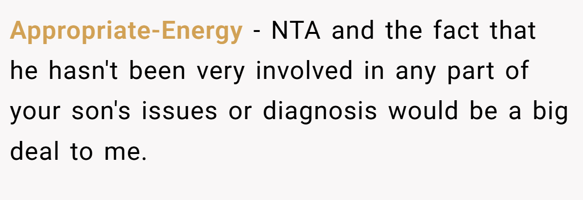 Appropriate-Energy − NTA and the fact that he hasn't been very involved in any part of your son's issues or diagnosis would be a big deal to me.