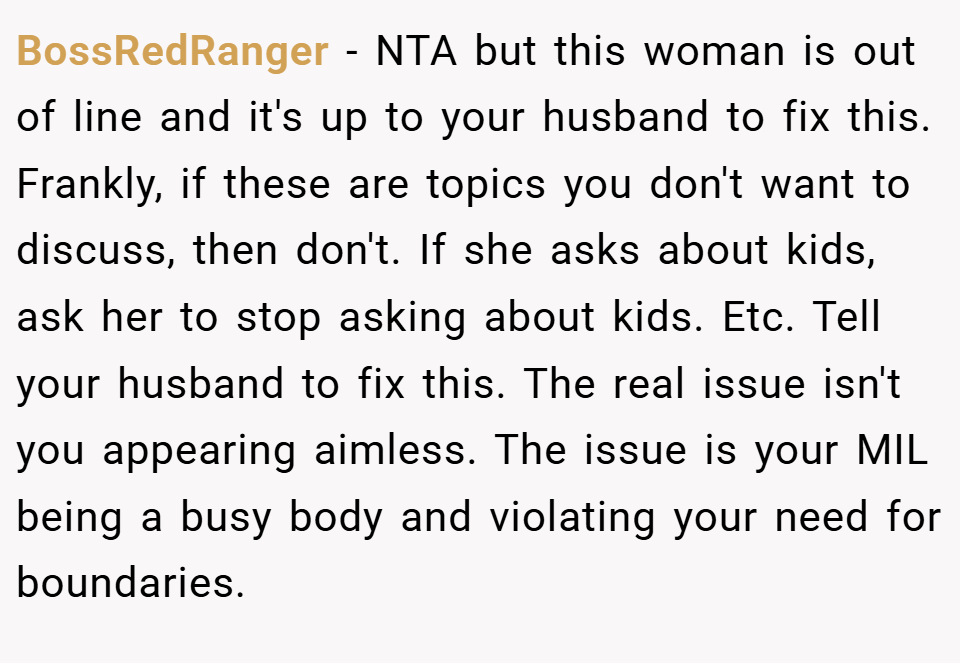 BossRedRanger − NTA but this woman is out of line and it's up to your husband to fix this. Frankly, if these are topics you don't want to discuss, then don't. If she asks about kids, ask her to stop asking about kids. Etc. Tell your husband to fix this. The real issue isn't you appearing aimless. The issue is your MIL being a busy body and violating your need for boundaries.