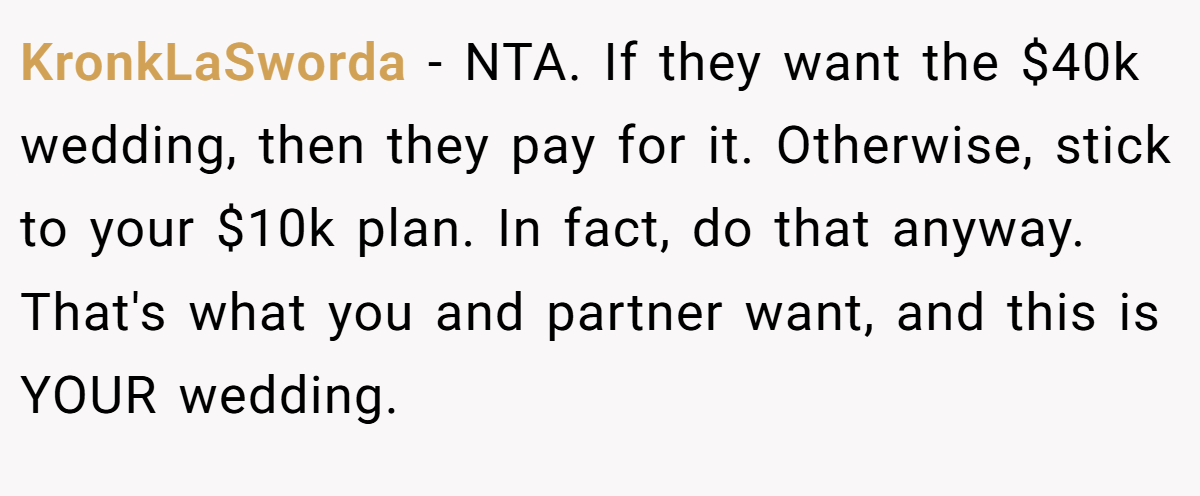 KronkLaSworda - NTA. If they want the $40k wedding, then they pay for it. Otherwise, stick to your $10k plan. In fact, do that anyway. That's what you and partner want, and this is YOUR wedding.