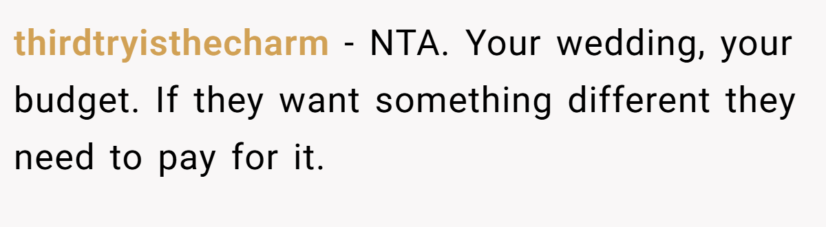 thirdtryisthecharm - NTA. Your wedding, your budget. If they want something different they need to pay for it.