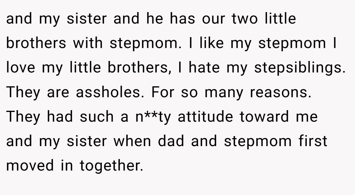 and my sister and he has our two little brothers with stepmom. I like my stepmom I love my little brothers, I hate my stepsiblings. They are assholes. For so many reasons. They had such a n**ty attitude toward me and my sister when dad and stepmom first moved in together.