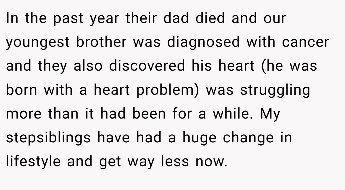 In the past year their dad died and our youngest brother was diagnosed with cancer and they also discovered his heart (he was born with a heart problem) was struggling more than it had been for a while. My stepsiblings have had a huge change in lifestyle and get way less now.
