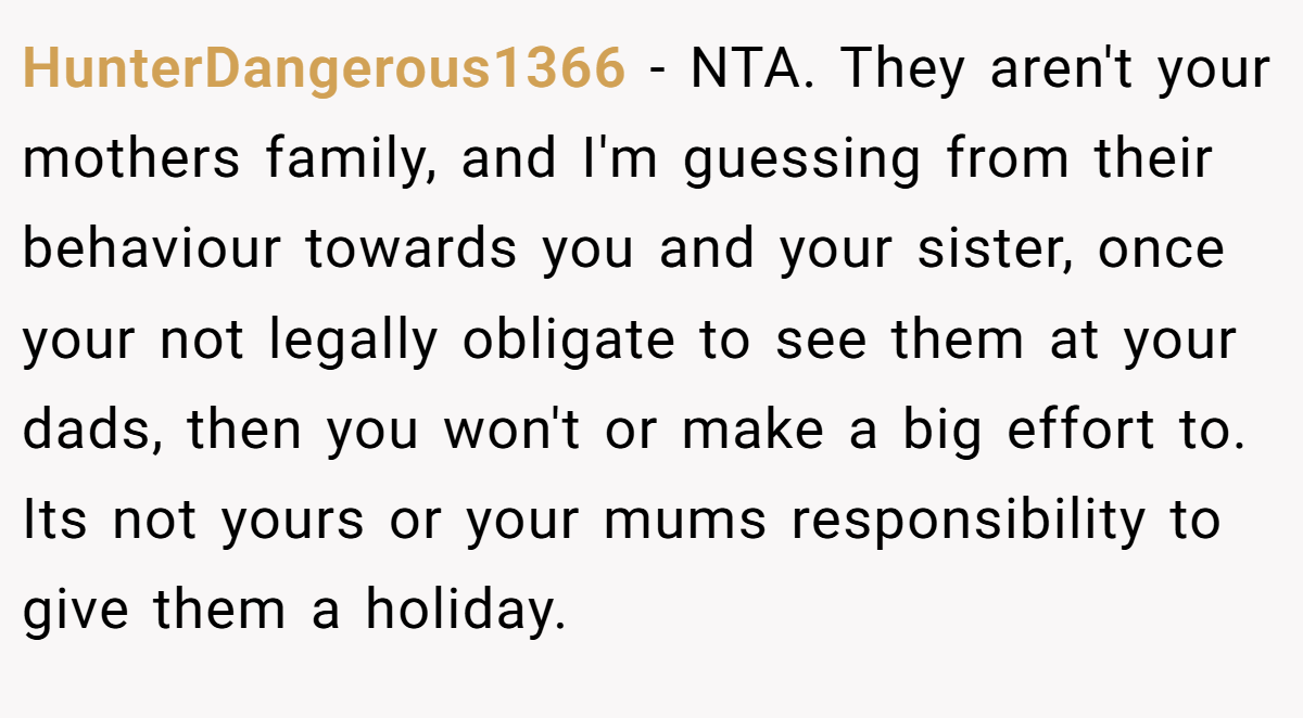 HunterDangerous1366 − NTA. They aren't your mothers family, and I'm guessing from their behaviour towards you and your sister, once your not legally obligate to see them at your dads, then you won't or make a big effort to. Its not yours or your mums responsibility to give them a holiday.